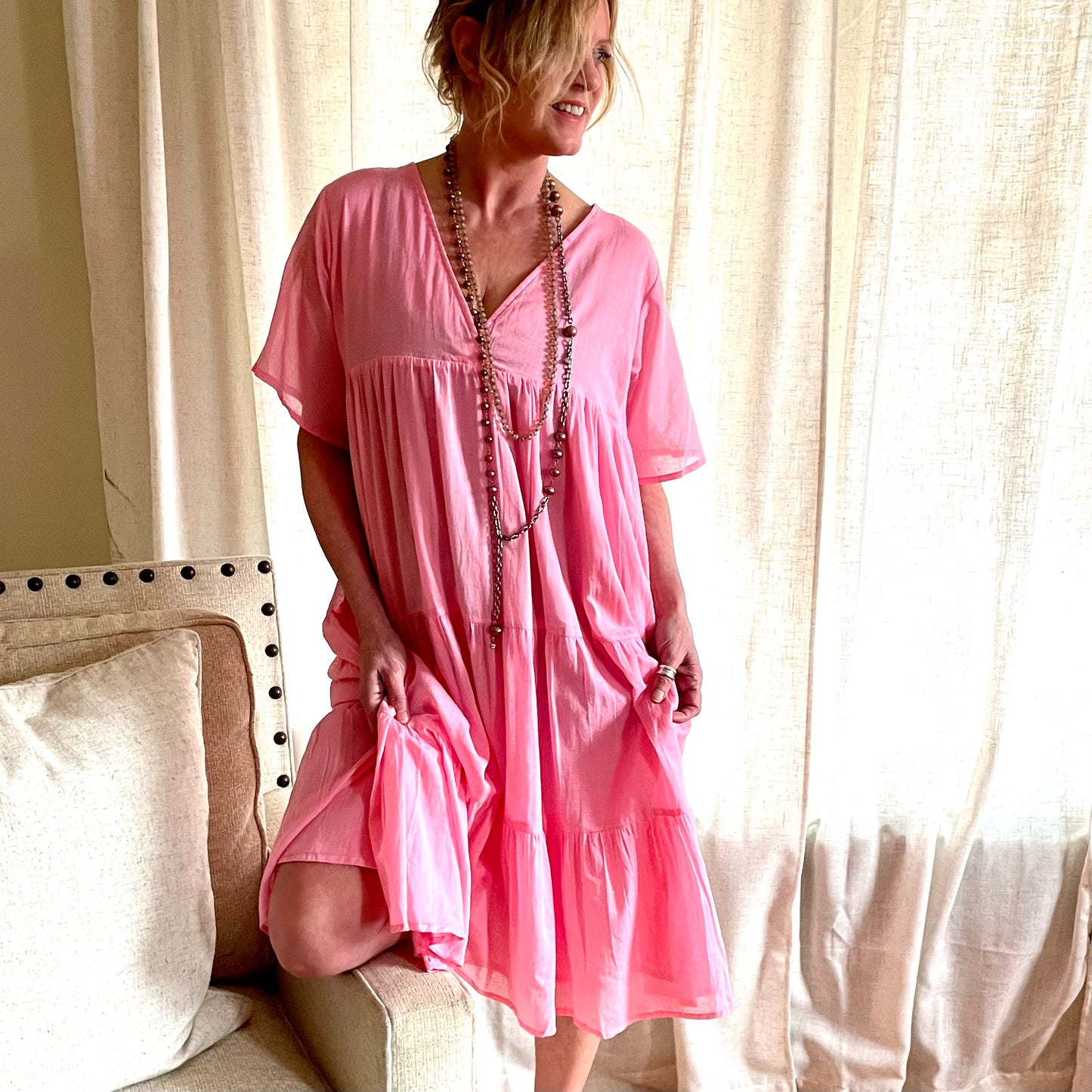 Madelyn Pink Cotton Midi Dress.