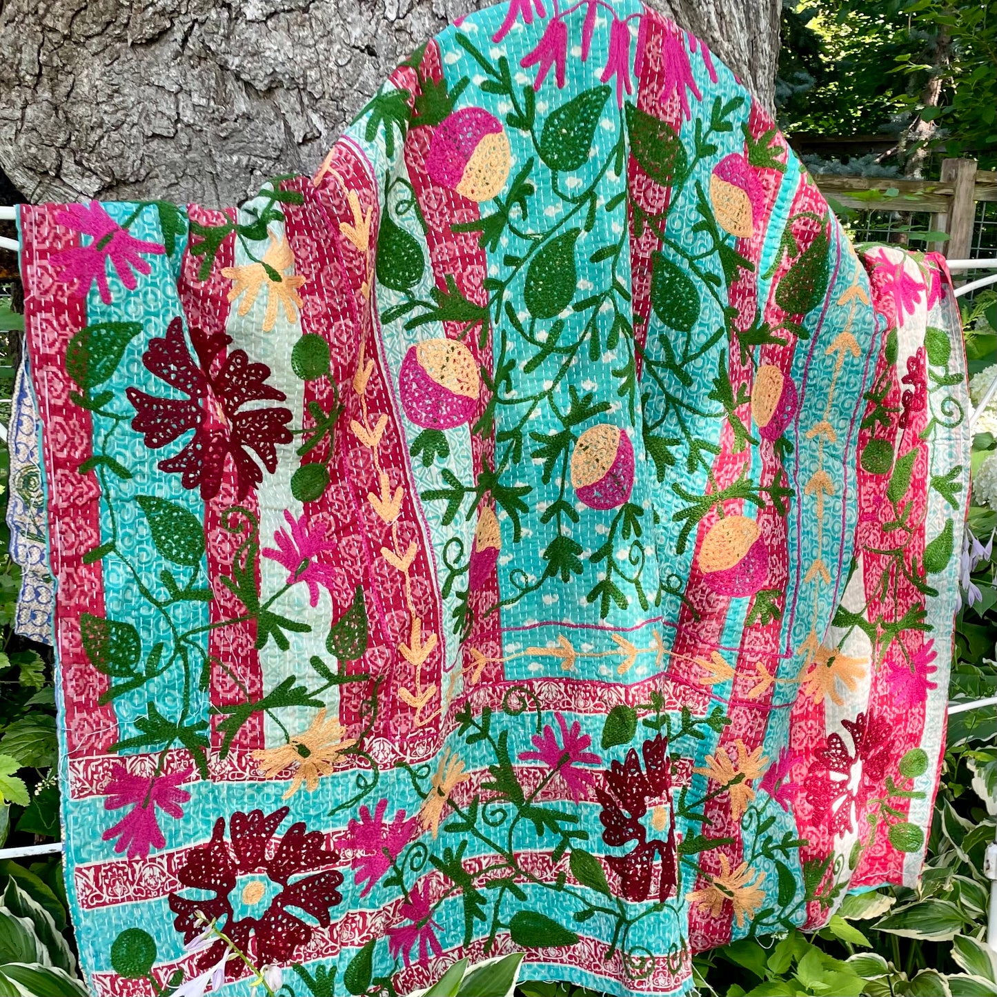 Rowena Reversible Embroidered  Kantha Quilt.