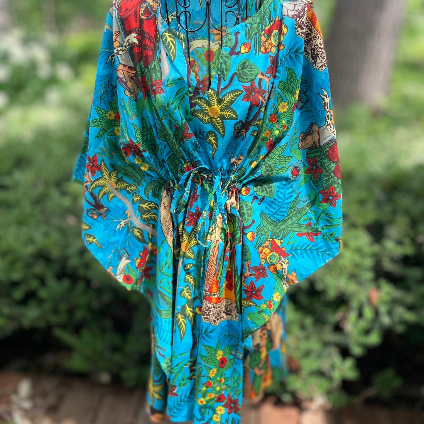 Frida Kahlo Print Turquoise Cotton Tunic. Swim Coverup.