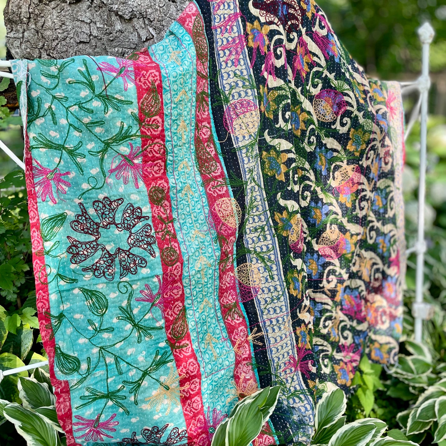 Rowena Reversible Embroidered  Kantha Quilt.