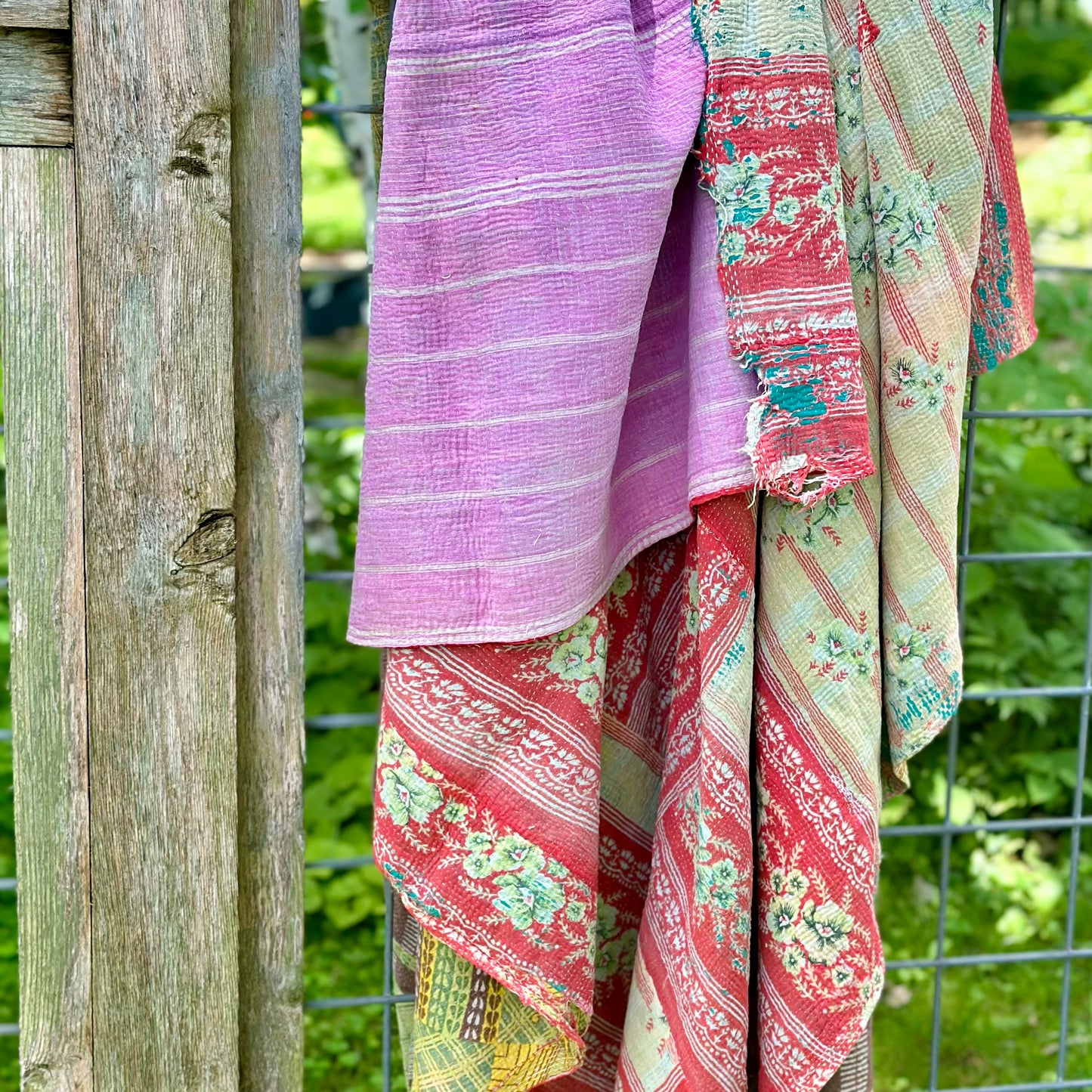 Theodora Reversible Kantha Quilt - pink,red,green