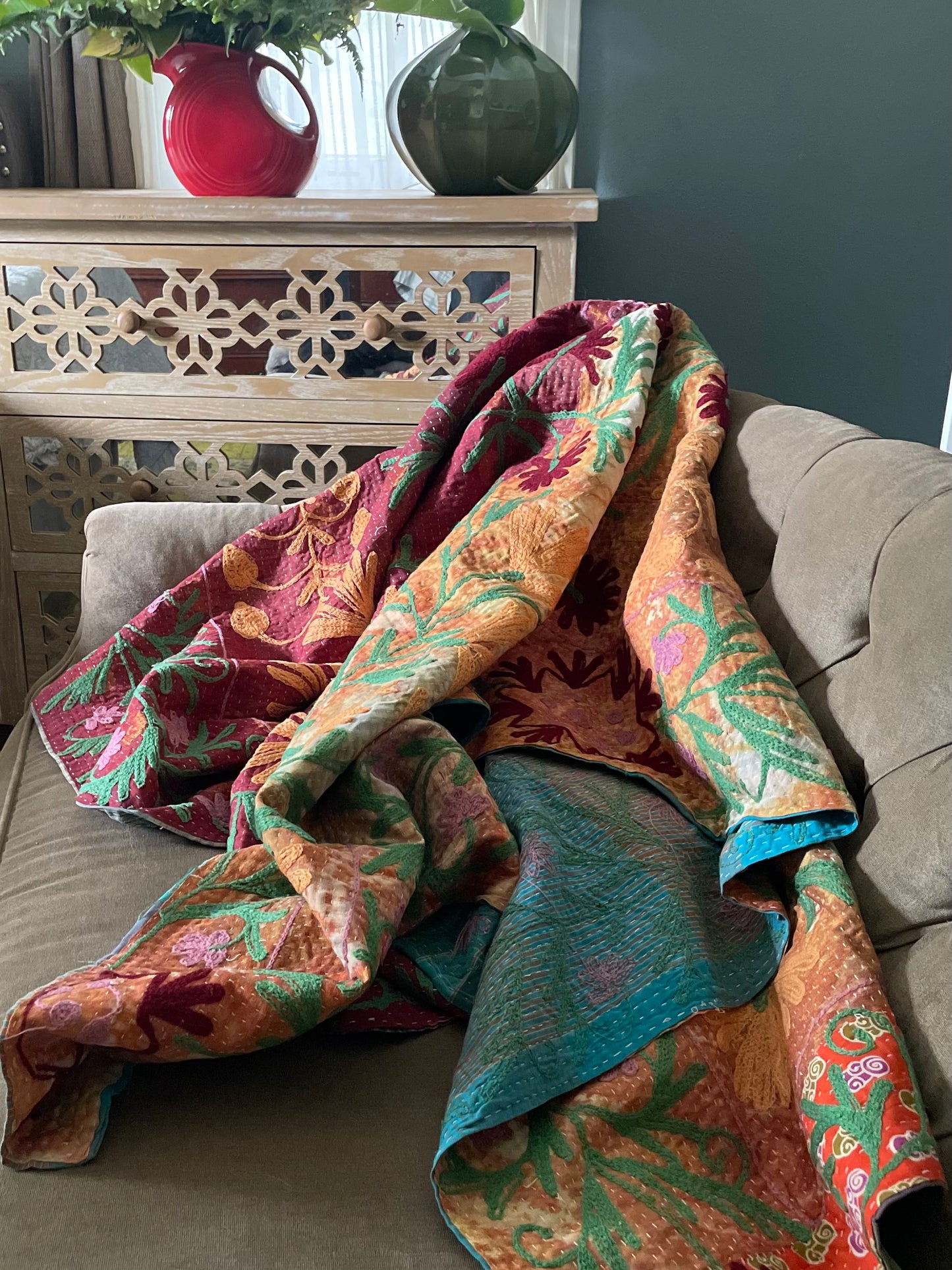 Rowena Reversible Embroidered  Kantha Quilt.