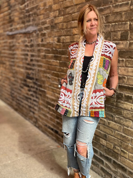 Dakota  Patchwork Hand Stitched Kantha Vest - Style 2