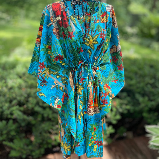 Frida Kahlo Print Turquoise Cotton Tunic. Swim Coverup.