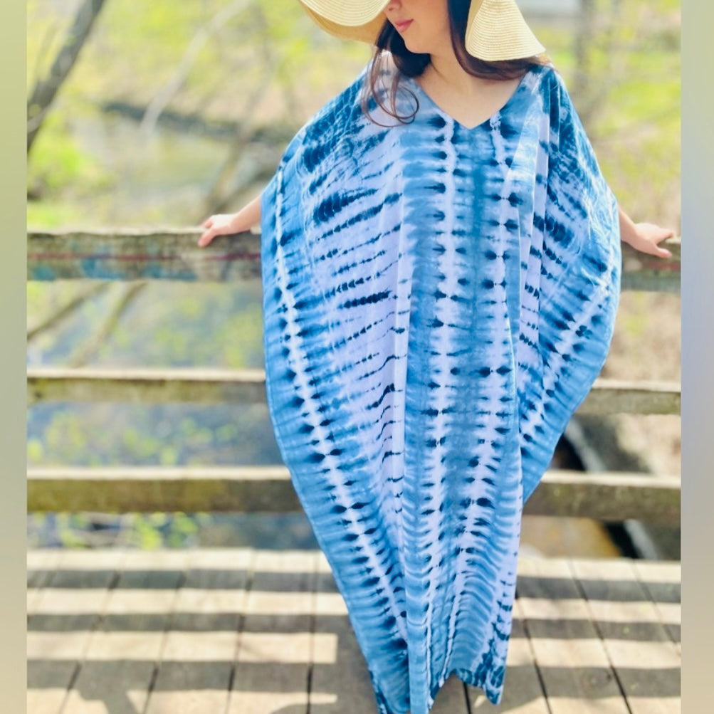 Boca Cotton Kaftan - Aqua & Navy