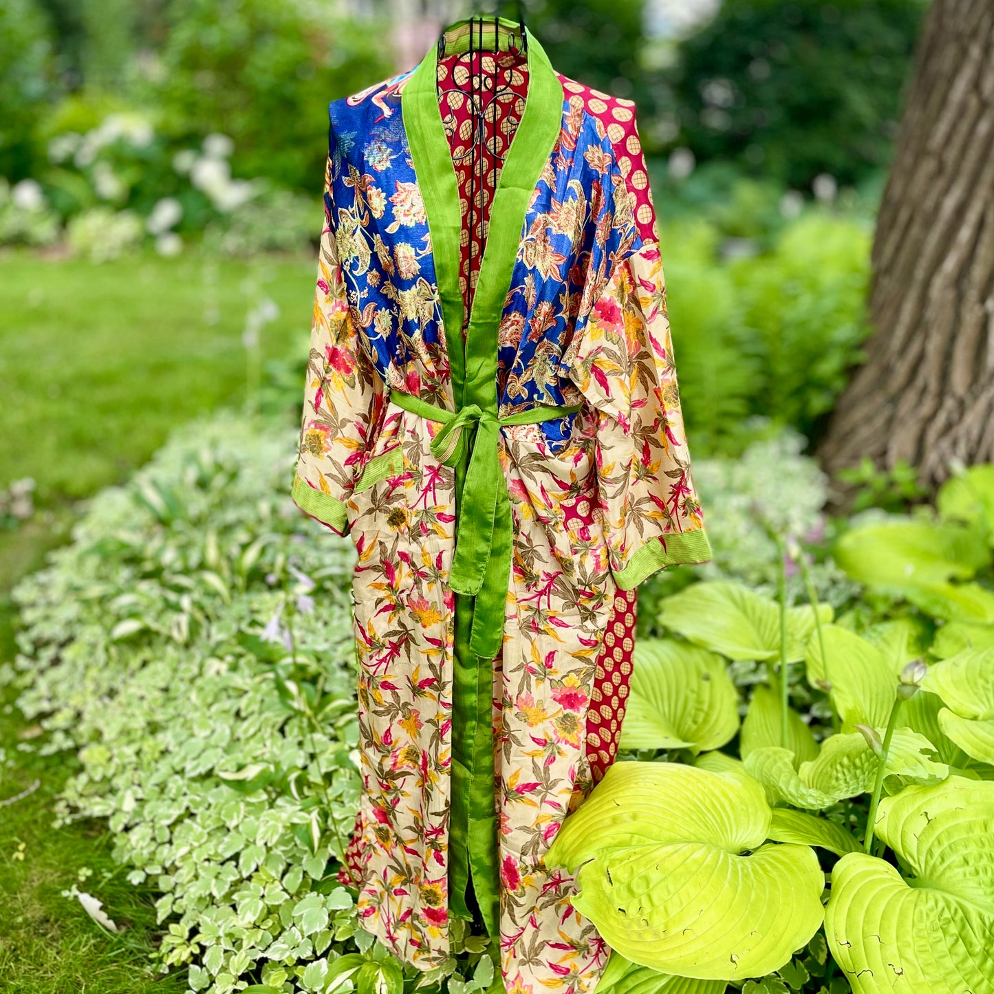 Topangea Silk Sari Robe. Green and Blue.