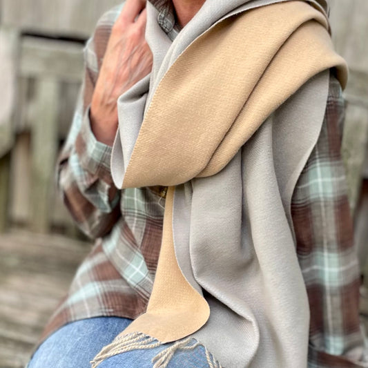 Chloe Cashmere Blanket Scarf. Tan and Grey.