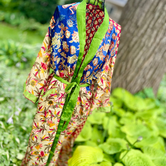 Topangea Silk Sari Robe. Green and Blue.