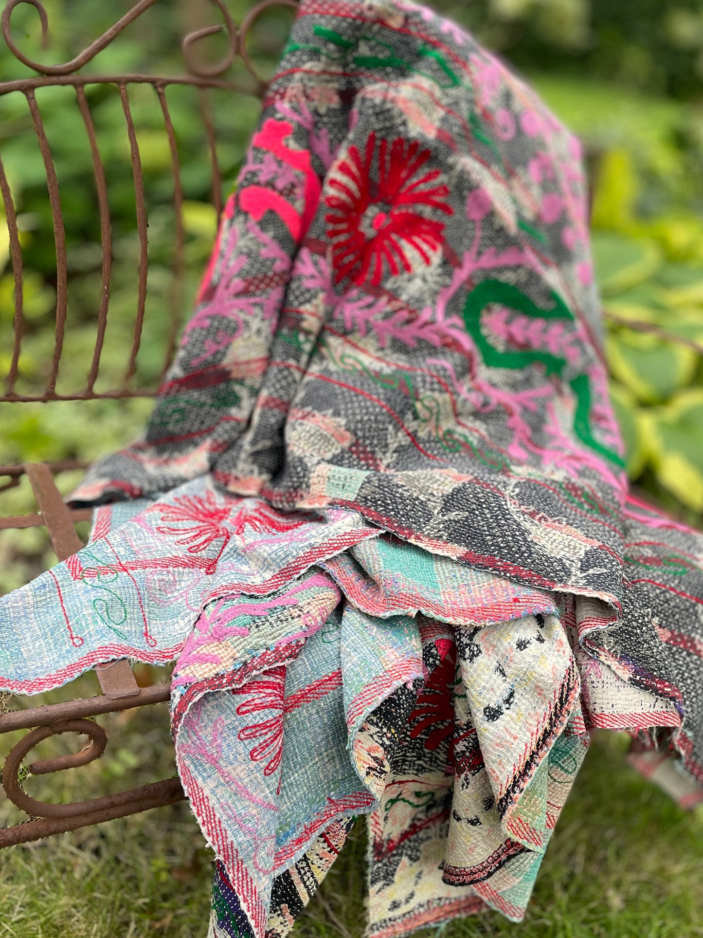 Rowena Reversible Embroidered  Kantha Quilt.