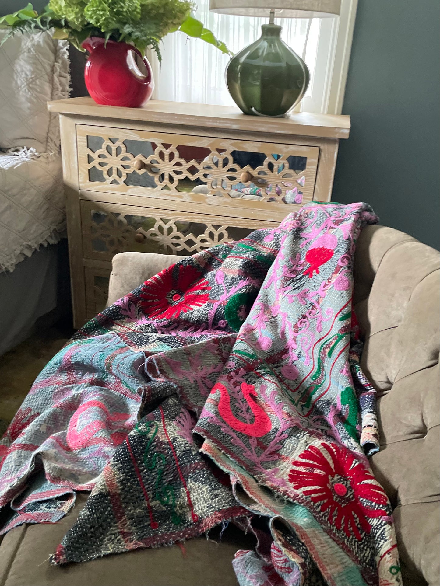 Rowena Reversible Embroidered  Kantha Quilt.