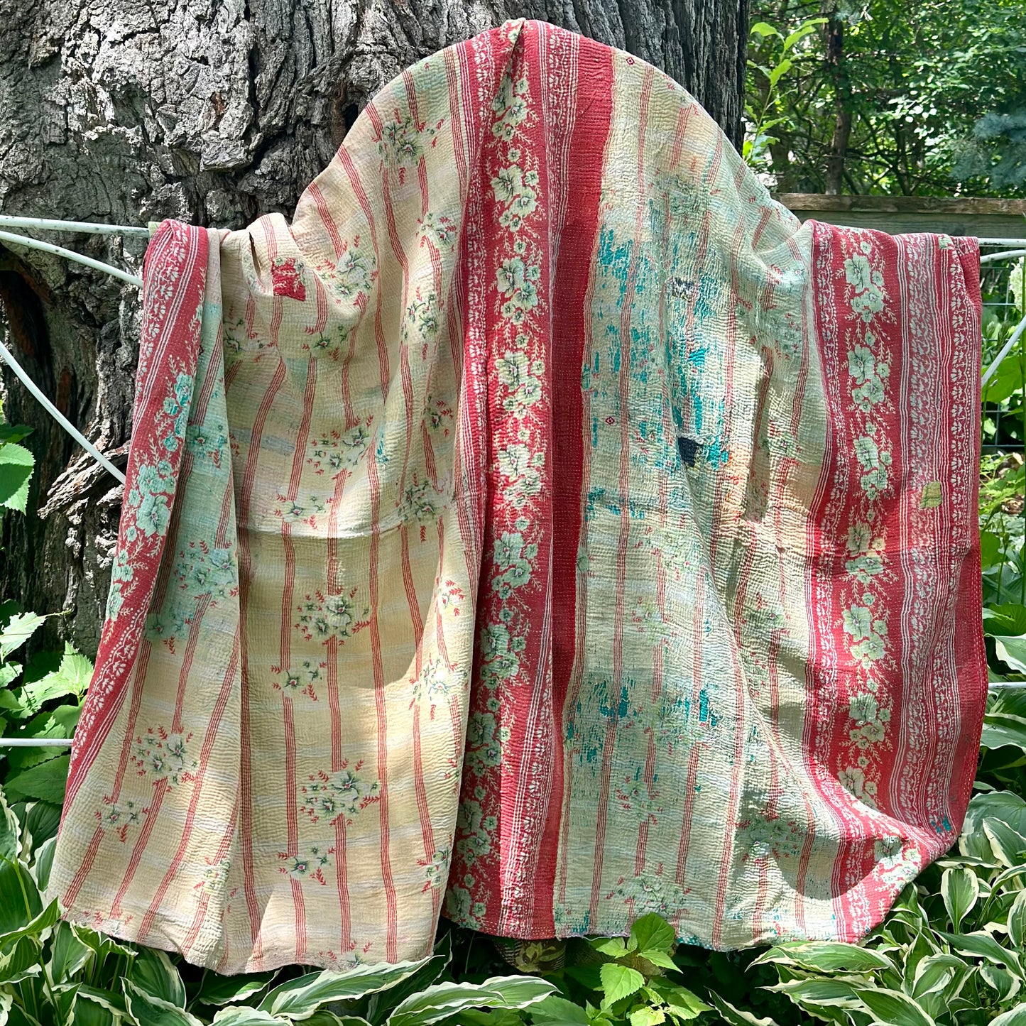 Theodora Reversible Kantha Quilt - pink,red,green