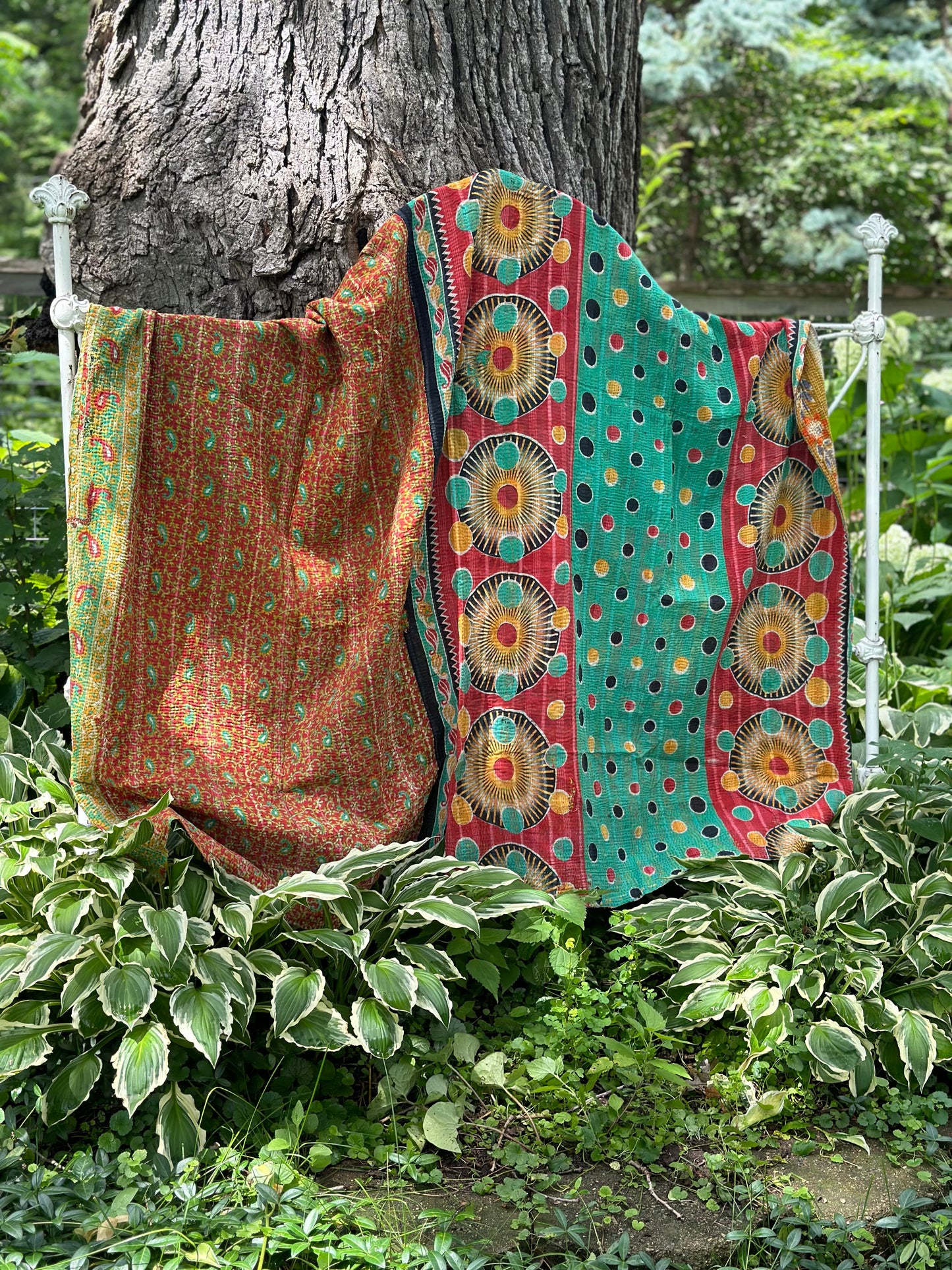 Theodora Reversible Kantha Quilt - rust flower