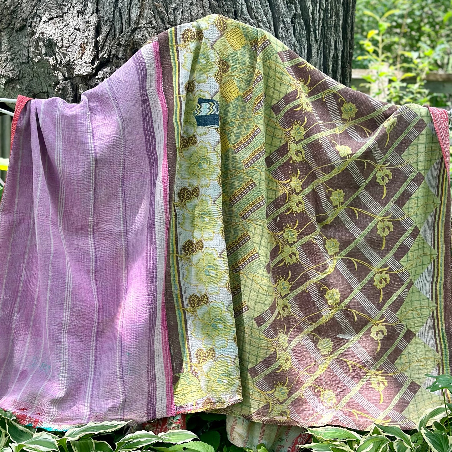 Theodora Reversible Kantha Quilt - pink,red,green