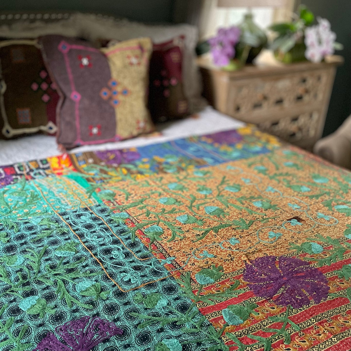 Rowena Reversible Embroidered  Kantha Quilt.