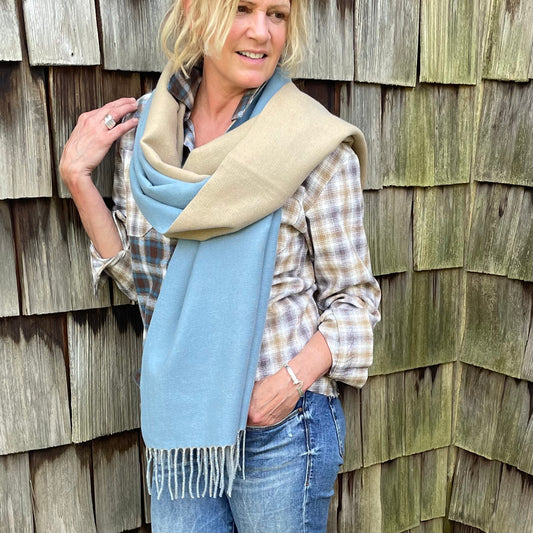 Chloe Cashmere Blanket Scarf. Blue and Tan.