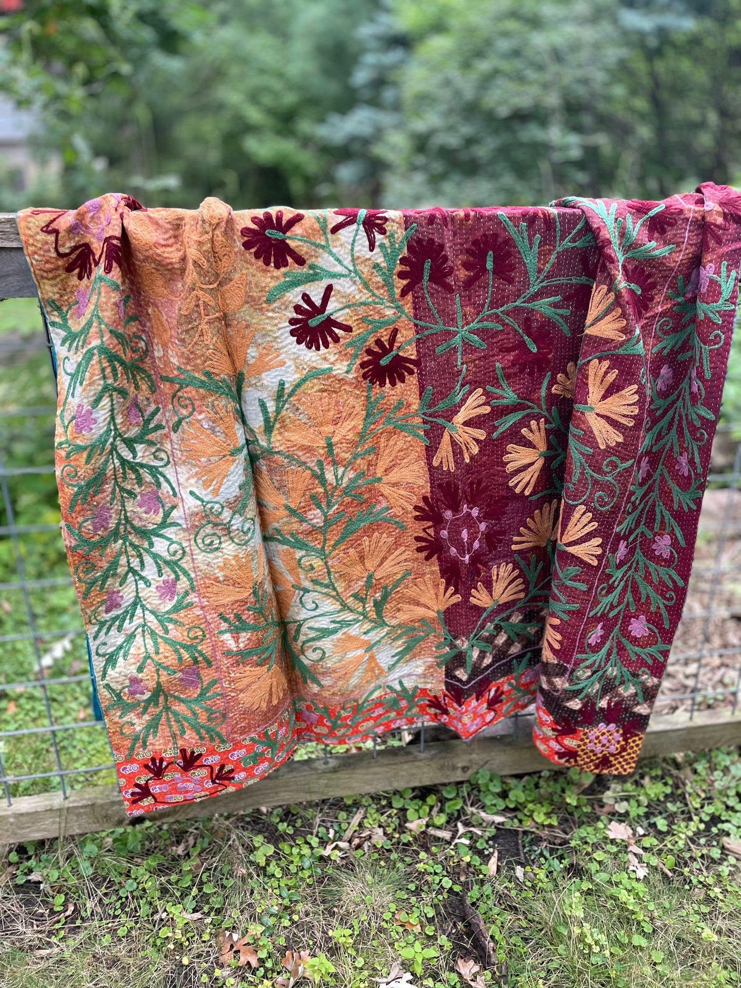 Rowena Reversible Embroidered  Kantha Quilt.