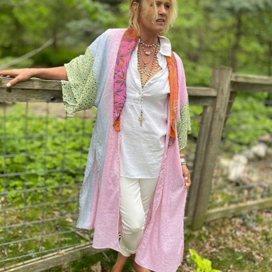 The Hey Delilah Silk Duster Kimono  - Pink Light Blue