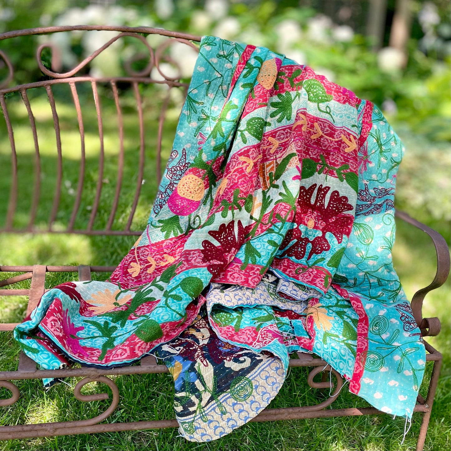 Rowena Reversible Embroidered  Kantha Quilt.