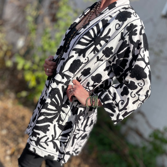 Hand Embroidered Suzani Robe - Black and White