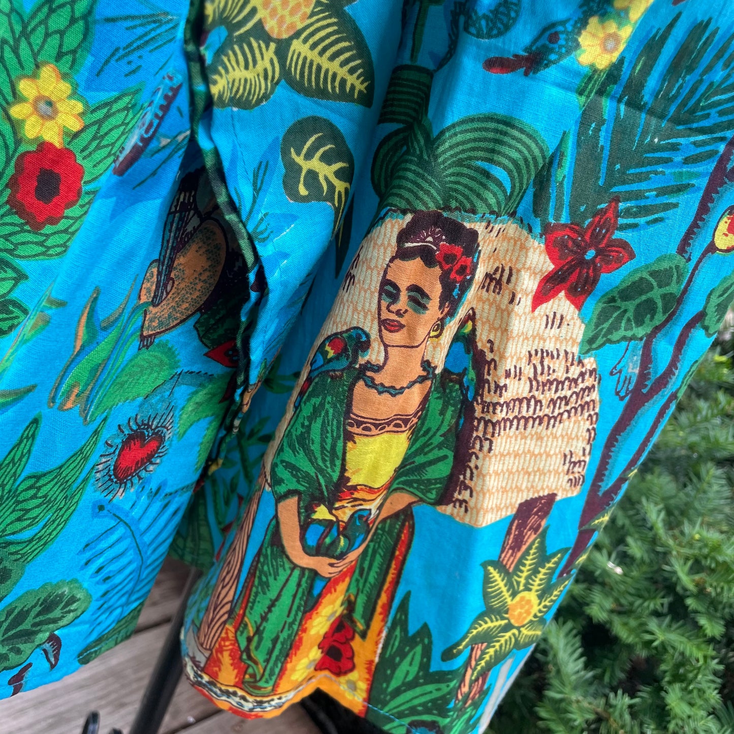 Frida Kahlo Print Turquoise Cotton Tunic. Swim Coverup.