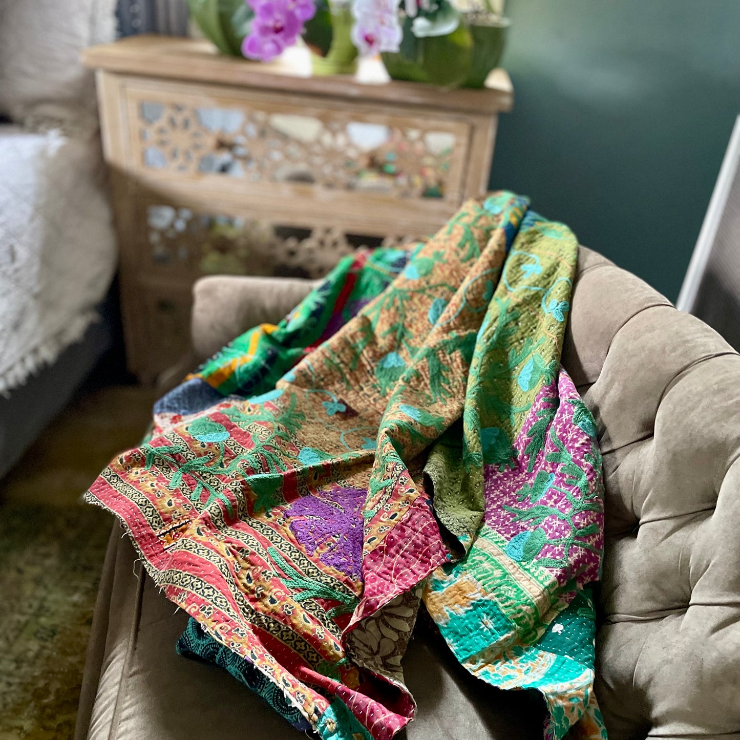 Rowena Reversible Embroidered  Kantha Quilt.