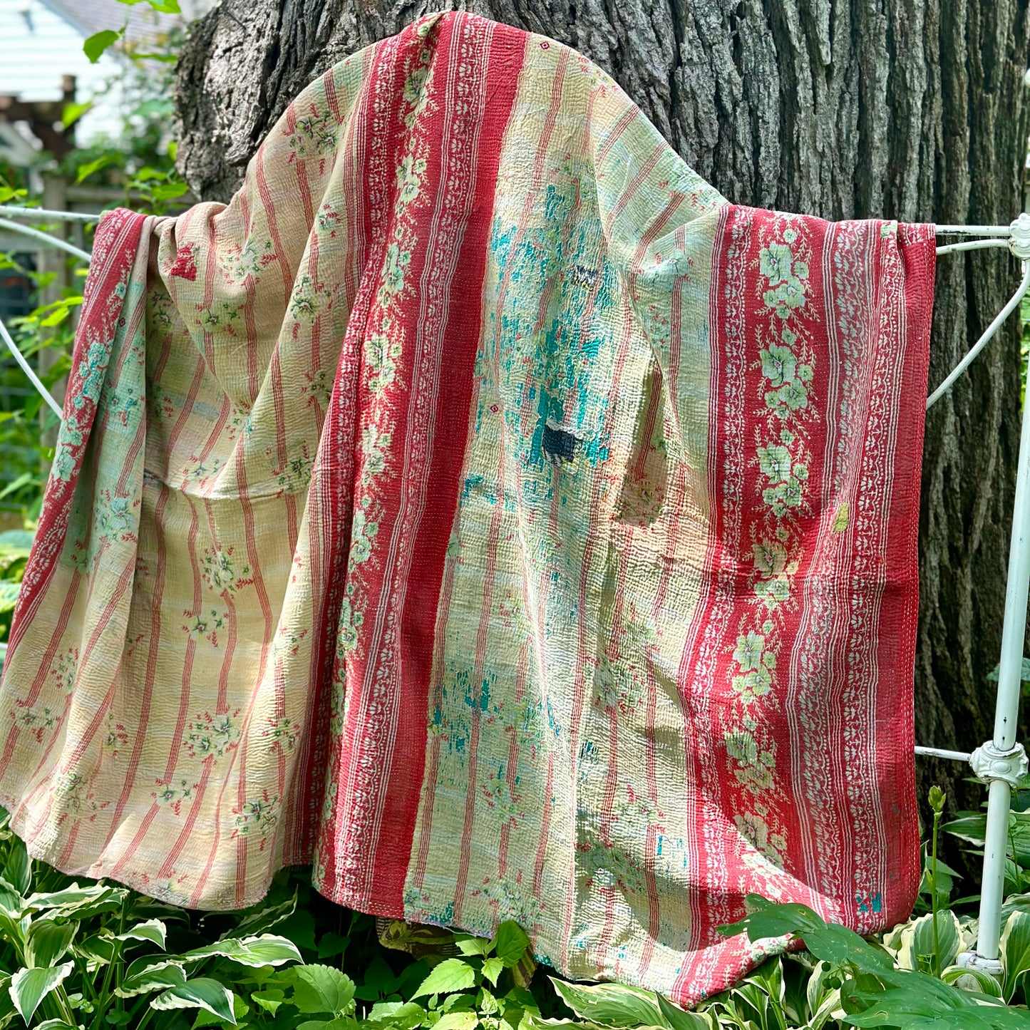 Theodora Reversible Kantha Quilt - pink,red,green