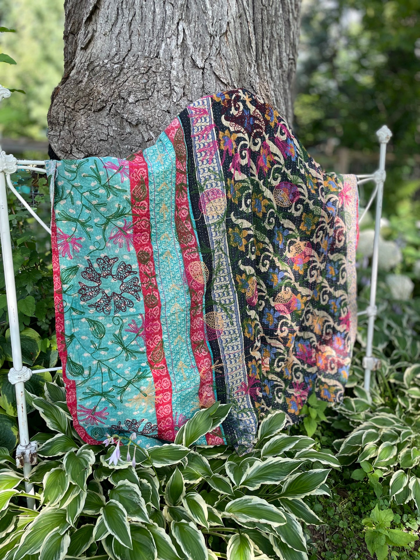 Rowena Reversible Embroidered  Kantha Quilt.