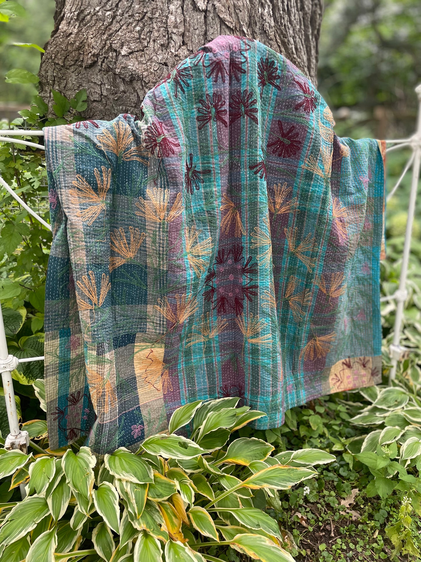 Rowena Reversible Embroidered  Kantha Quilt.