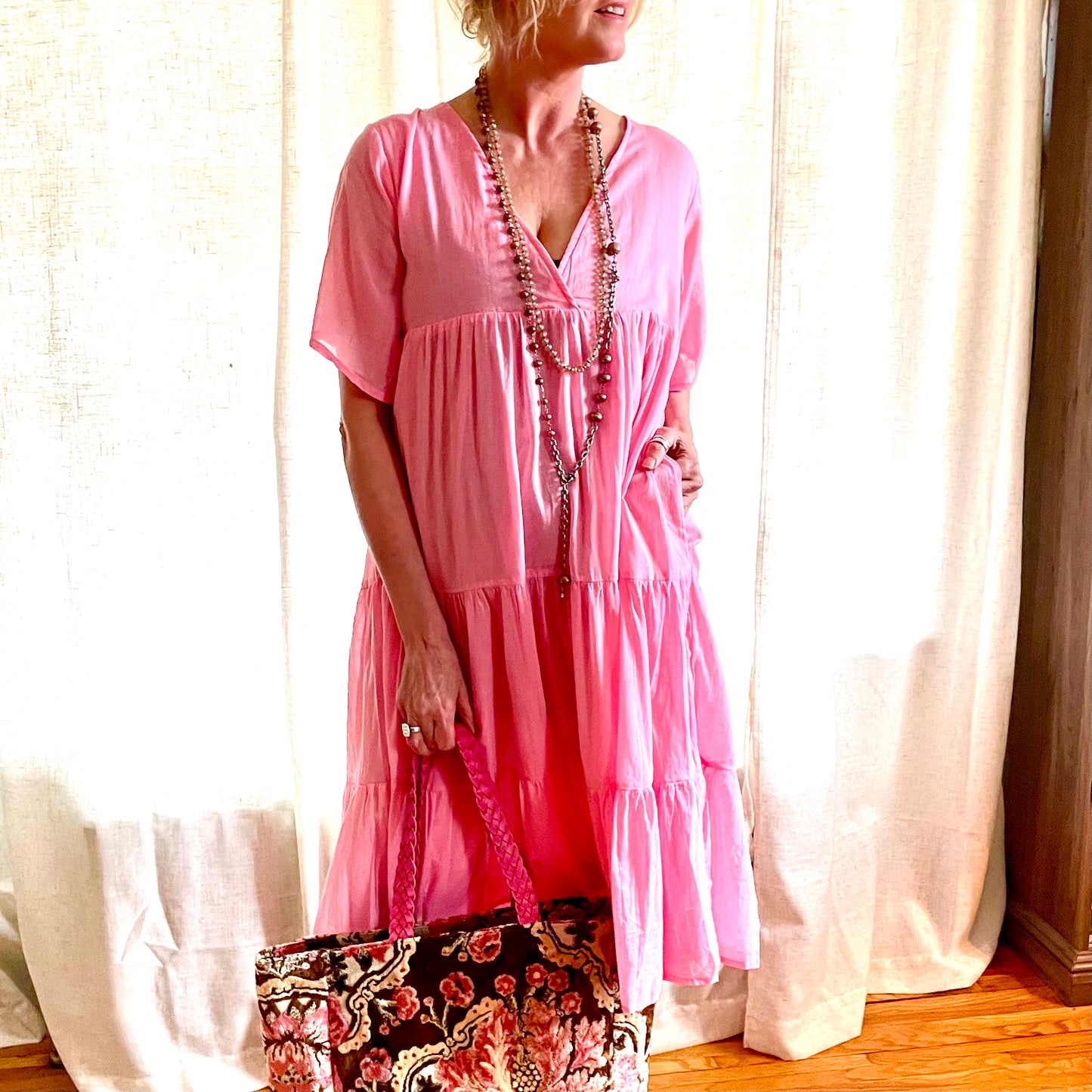 Madelyn Pink Cotton Midi Dress.