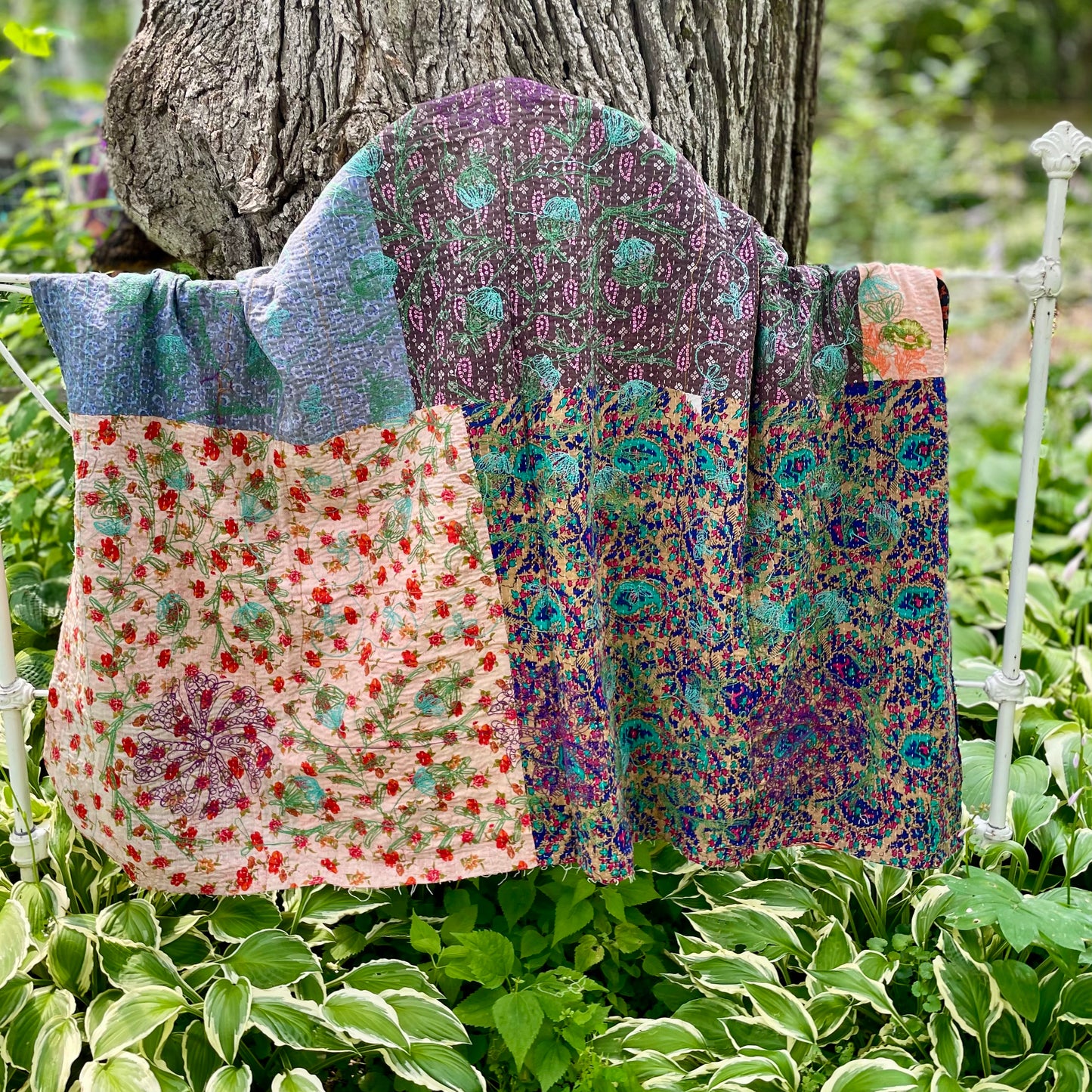 Rowena Reversible Embroidered  Kantha Quilt.