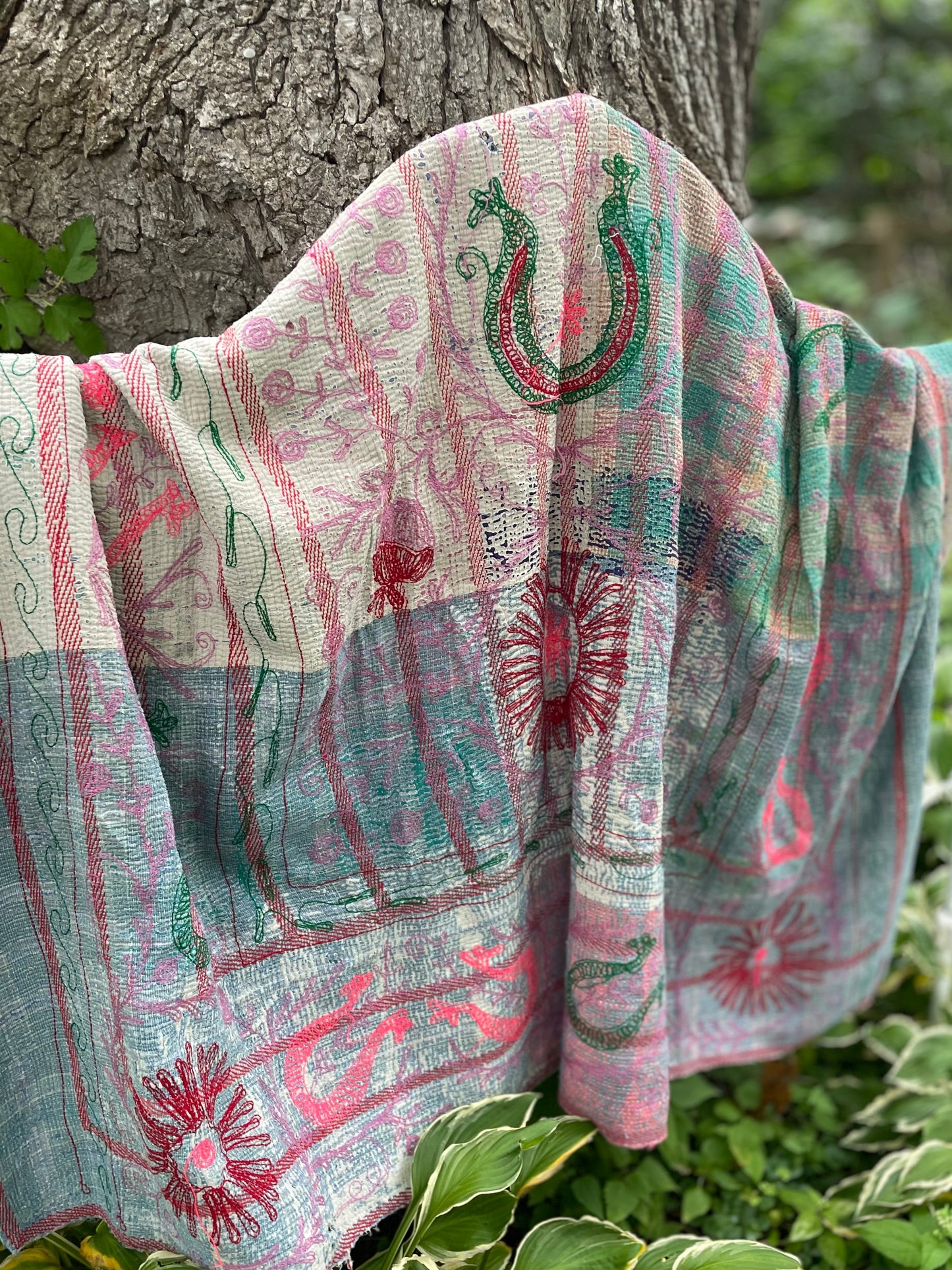 Rowena Reversible Embroidered  Kantha Quilt.