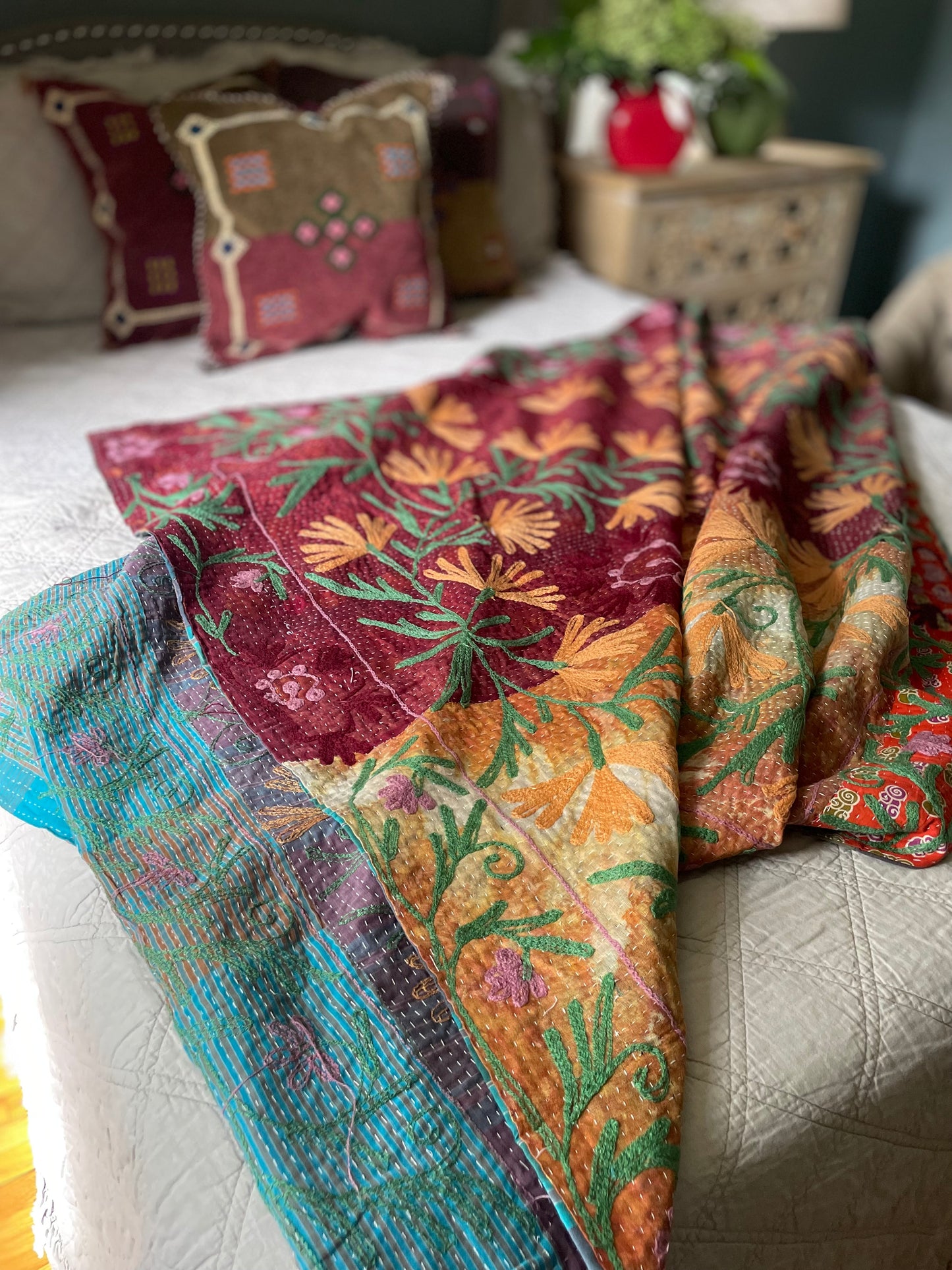 Rowena Reversible Embroidered  Kantha Quilt.