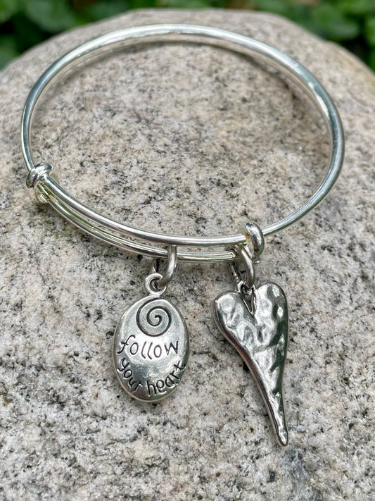 “Follow”, Silver Bangle Charm Bracelet.