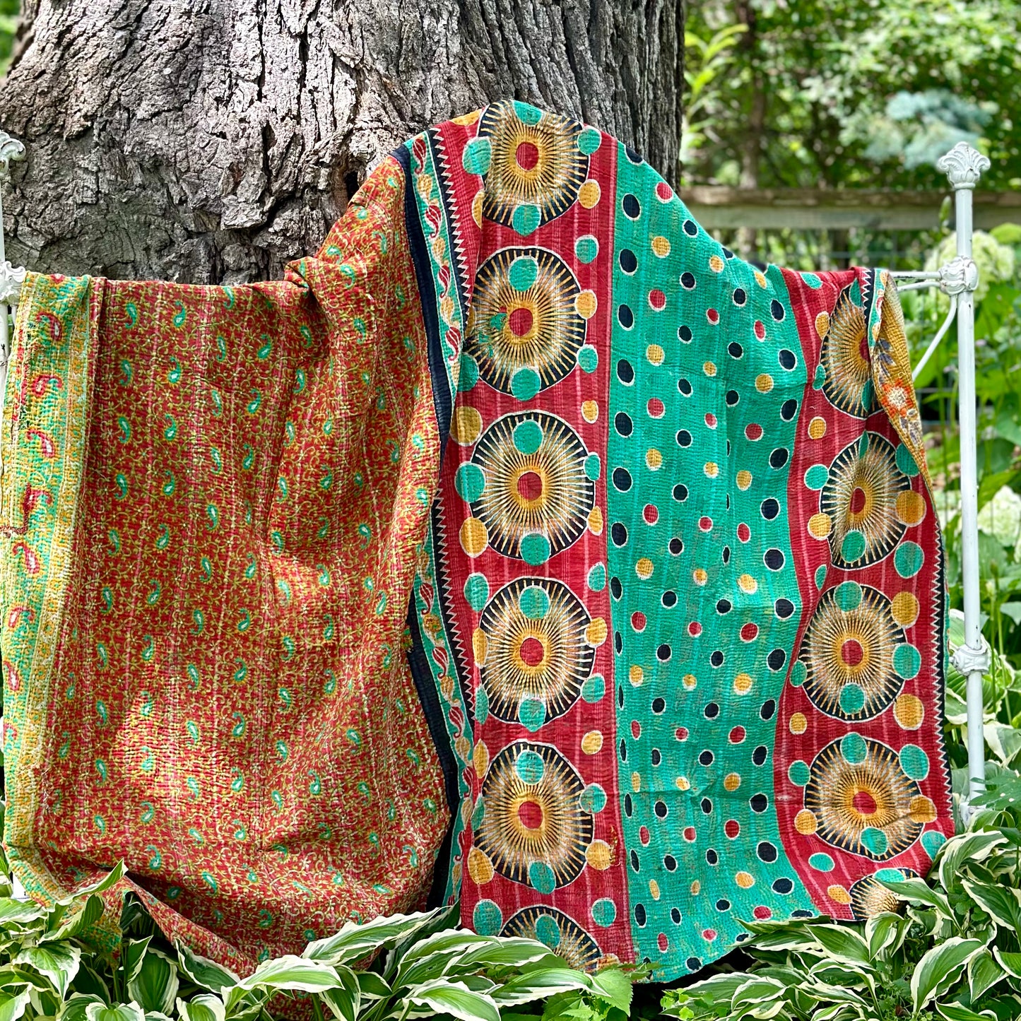 Theodora Reversible Kantha Quilt - rust flower