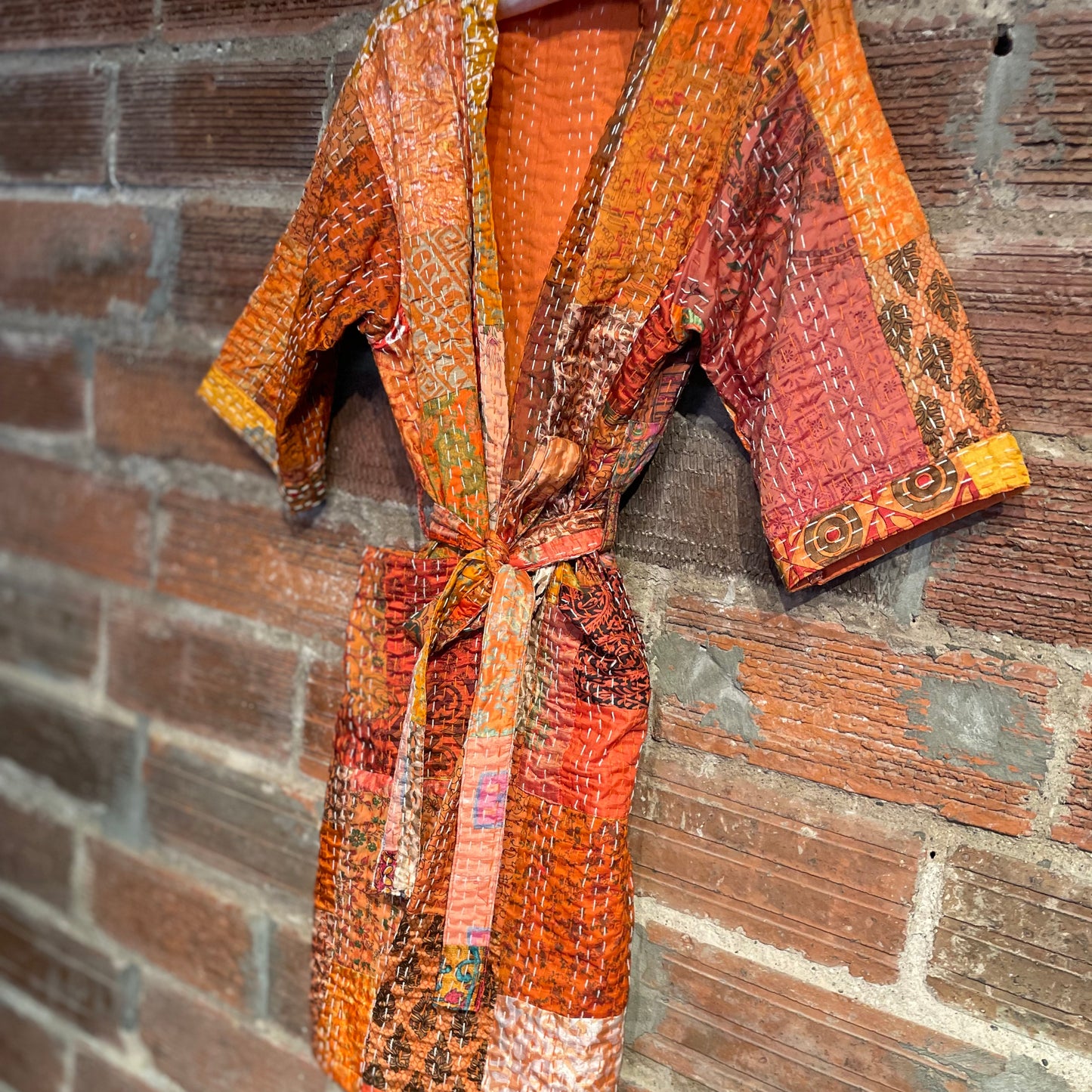 Cassidy Hand Stitched Reversible Silk Kantha Jacket - Orange