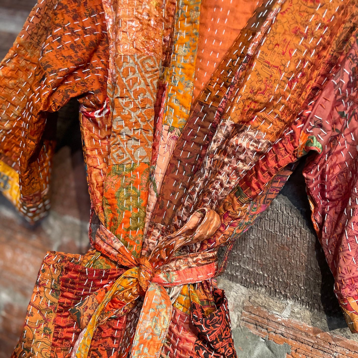 Cassidy Hand Stitched Reversible Silk Kantha Jacket - Orange