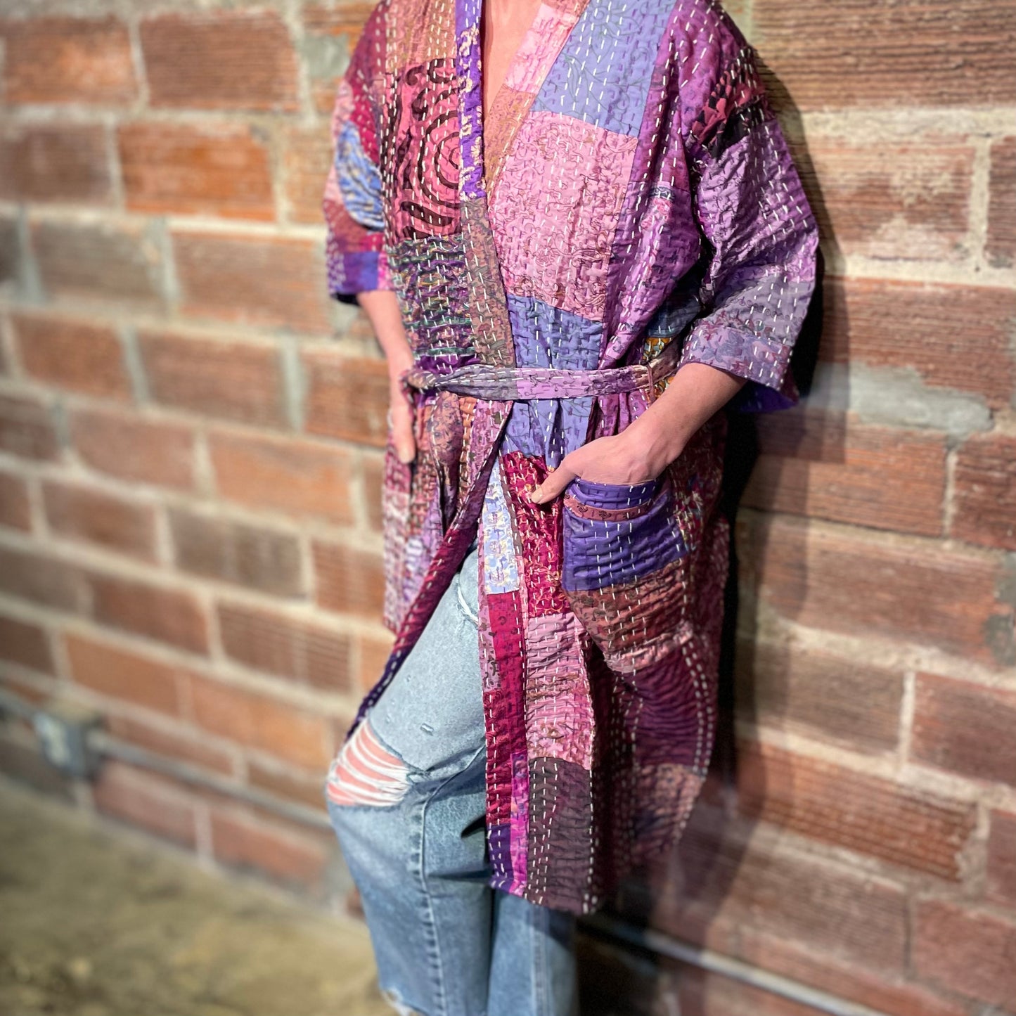 Cassidy Hand Stitched Reversible Silk Kantha Jacket - Purple