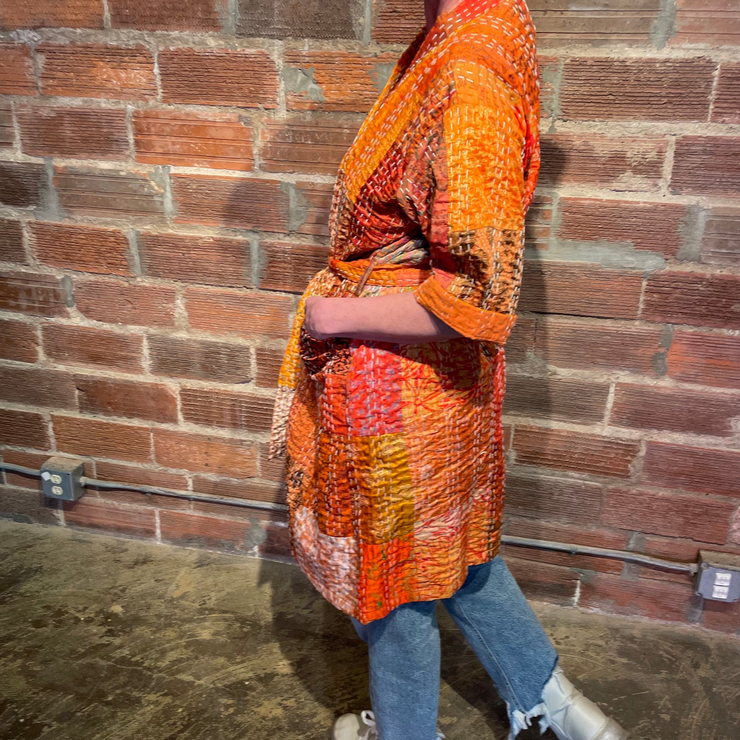 Cassidy Hand Stitched Reversible Silk Kantha Jacket - Orange