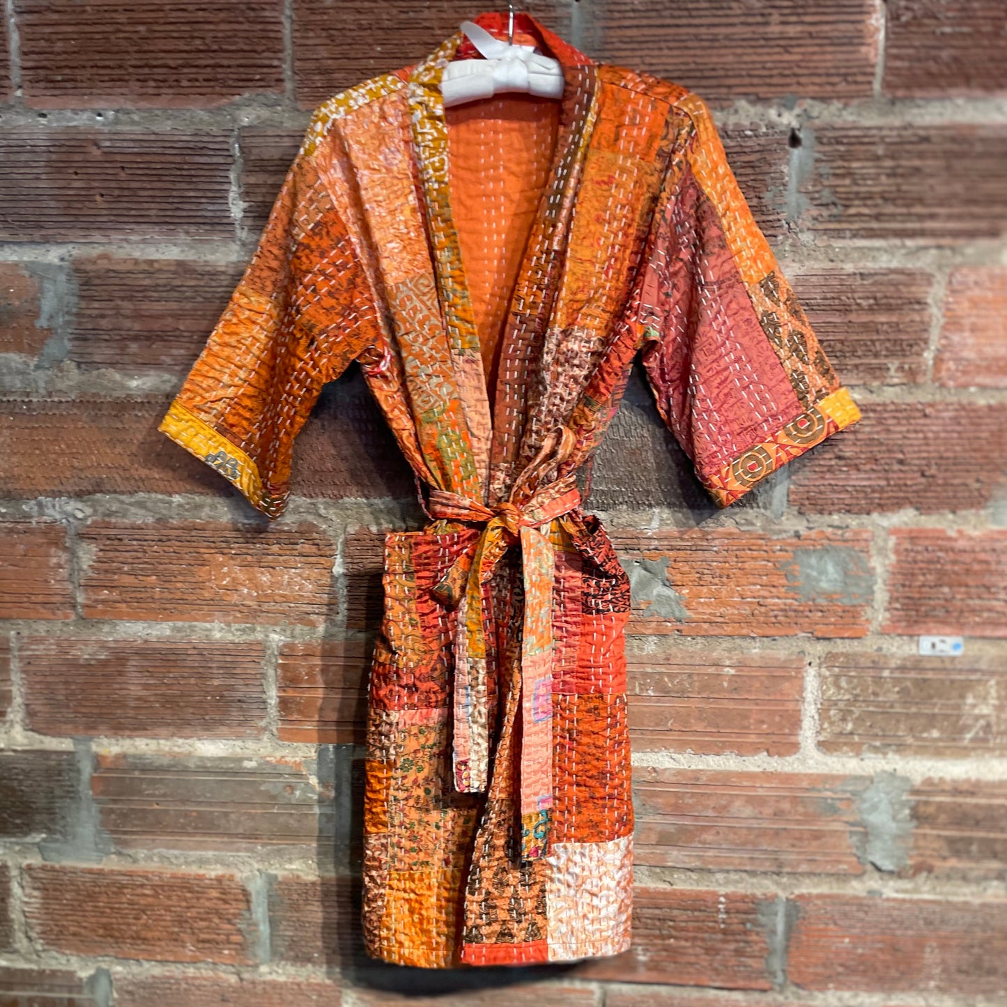 Cassidy Hand Stitched Reversible Silk Kantha Jacket - Orange