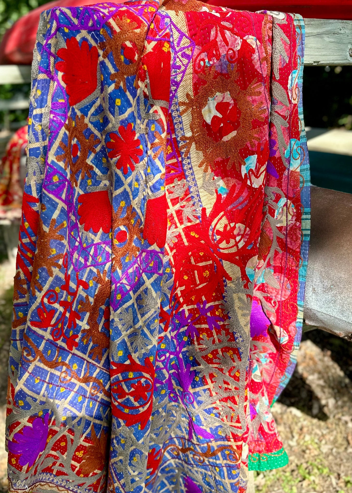 Rowena Reversible Embroidered  Kantha Quilt. - Blue Red Purple