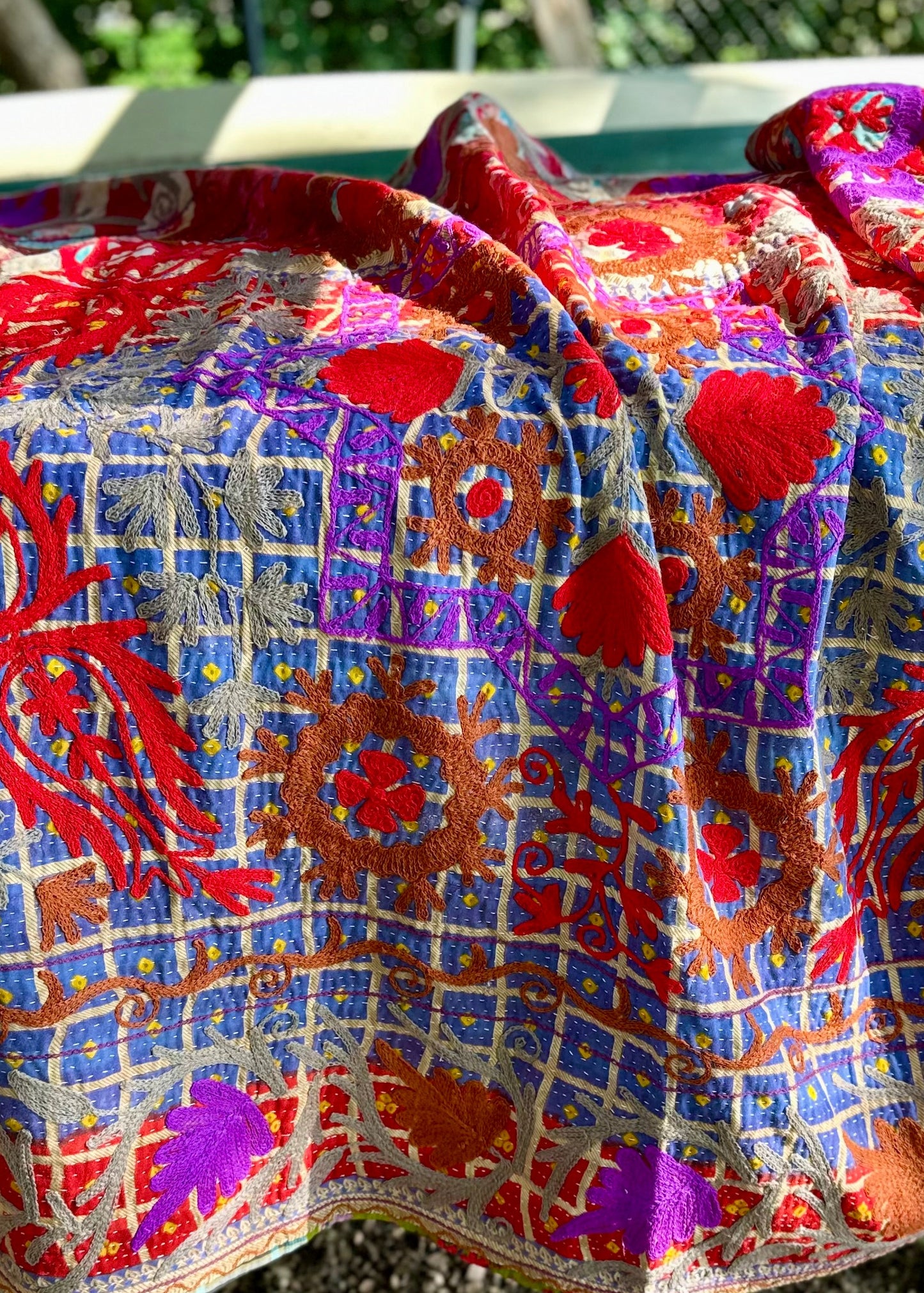 Rowena Reversible Embroidered  Kantha Quilt. - Blue Red Purple