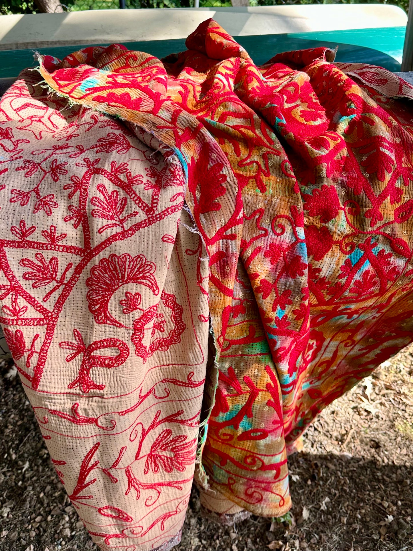 Rowena Reversible Embroidered  Kantha Quilt. - Red Rust Teal