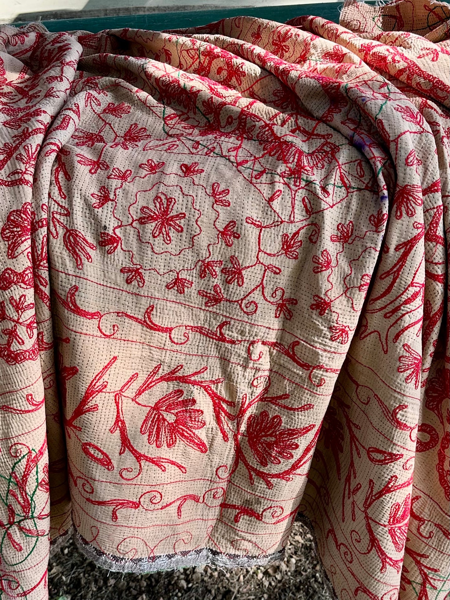 Rowena Reversible Embroidered  Kantha Quilt. - Red Rust Teal