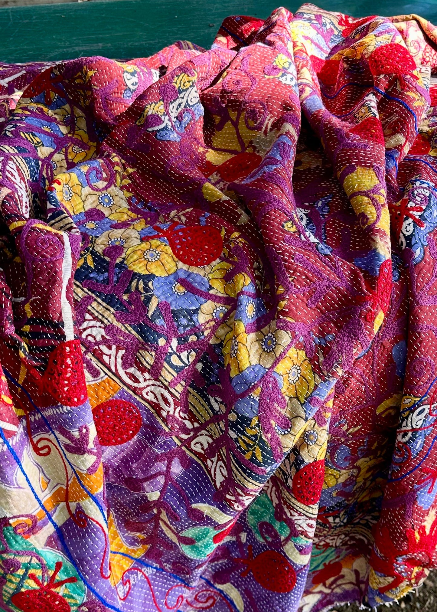 Rowena Reversible Embroidered  Kantha Quilt. - Rust Gold Green