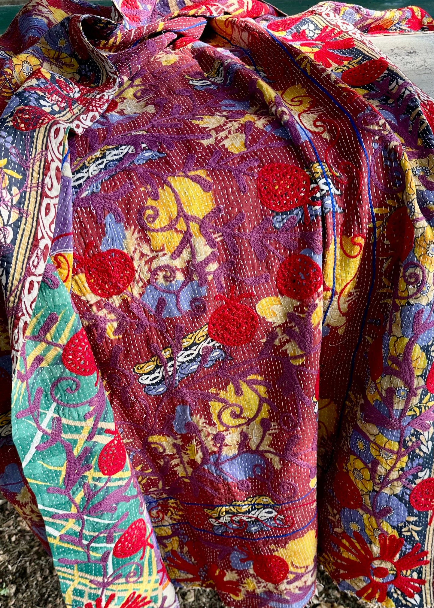 Rowena Reversible Embroidered  Kantha Quilt. - Rust Gold Green