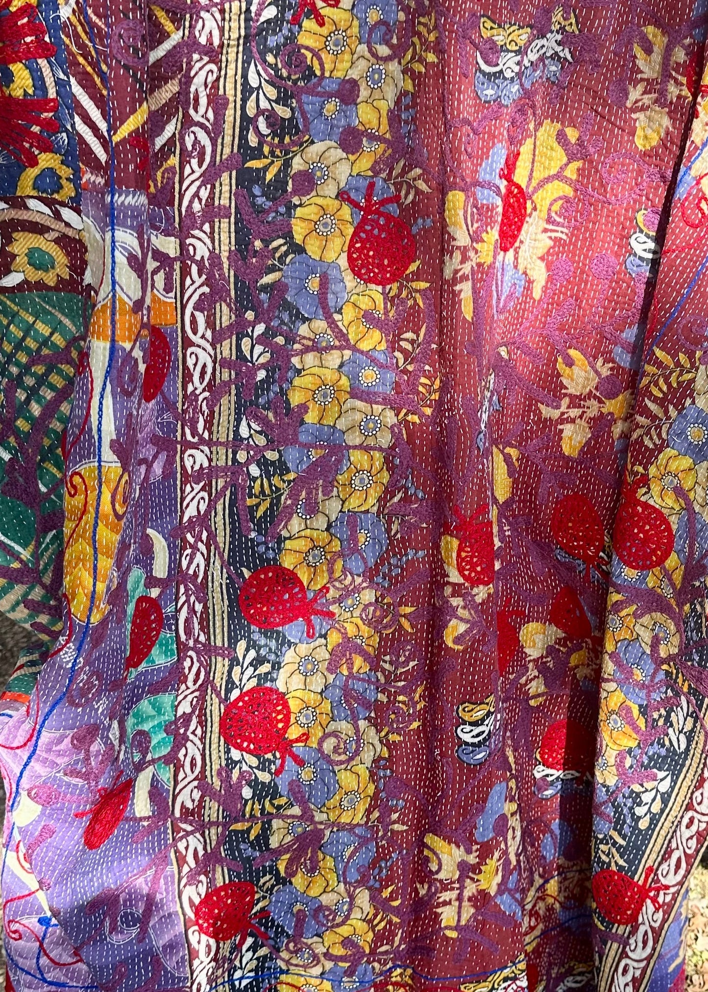 Rowena Reversible Embroidered  Kantha Quilt. - Rust Gold Green