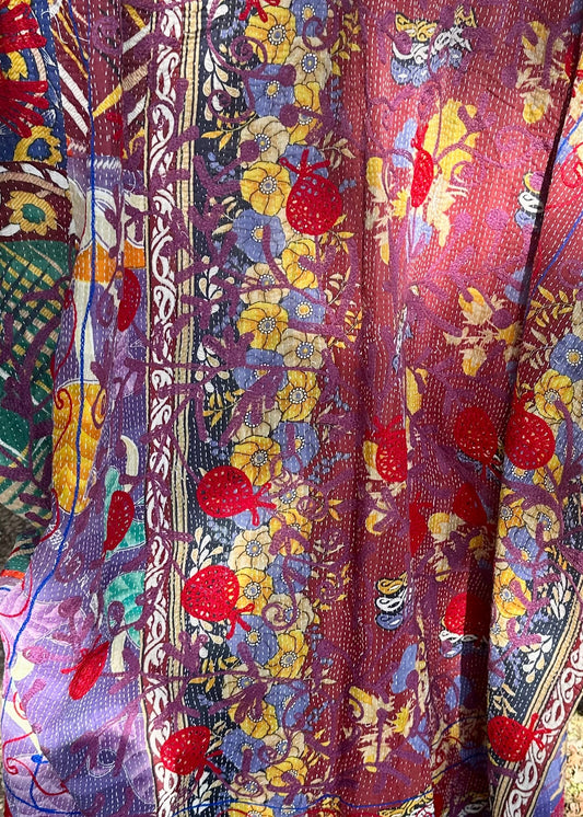 Rowena Reversible Embroidered  Kantha Quilt. - Rust Gold Green