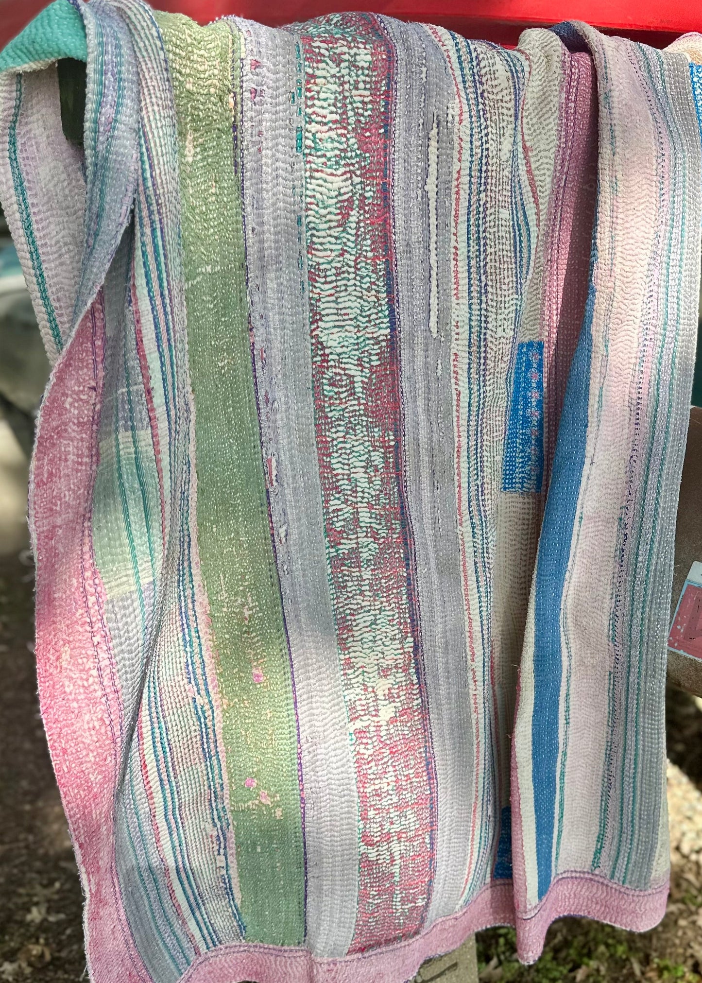 Theodora Reversible Kantha Quilts. Blue, Green, Pink  Set of 3