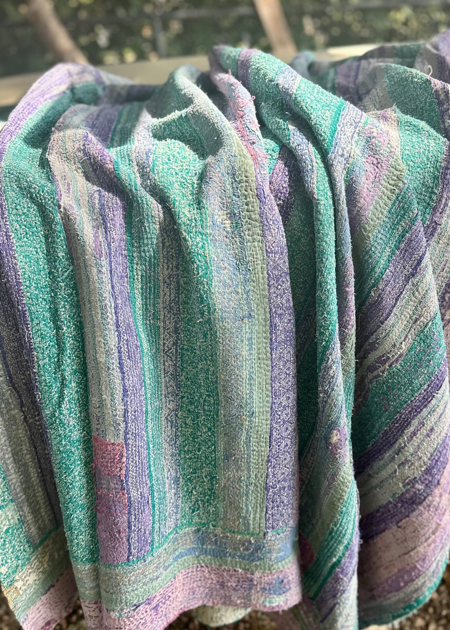 Theodora Reversible Kantha Quilts. Blue, Green, Pink  Set of 3