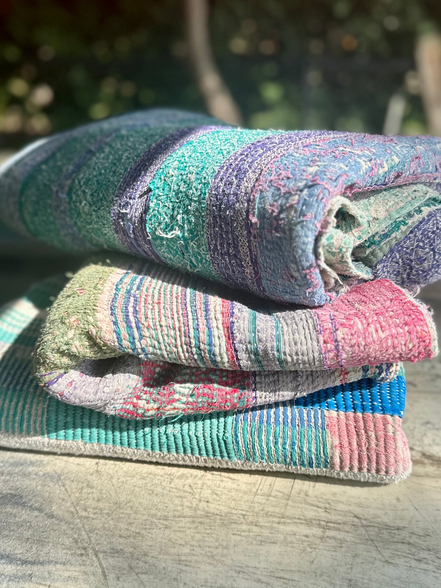 Theodora Reversible Kantha Quilts. Blue, Green, Pink  Set of 3